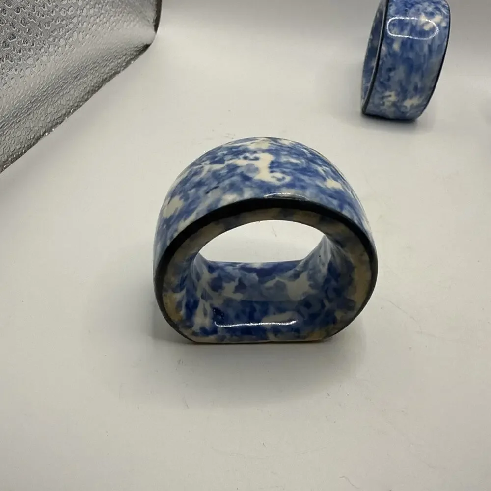 Vintage Knobler Blue Spongeware Ceramic Napkin Rings Set Of 3
